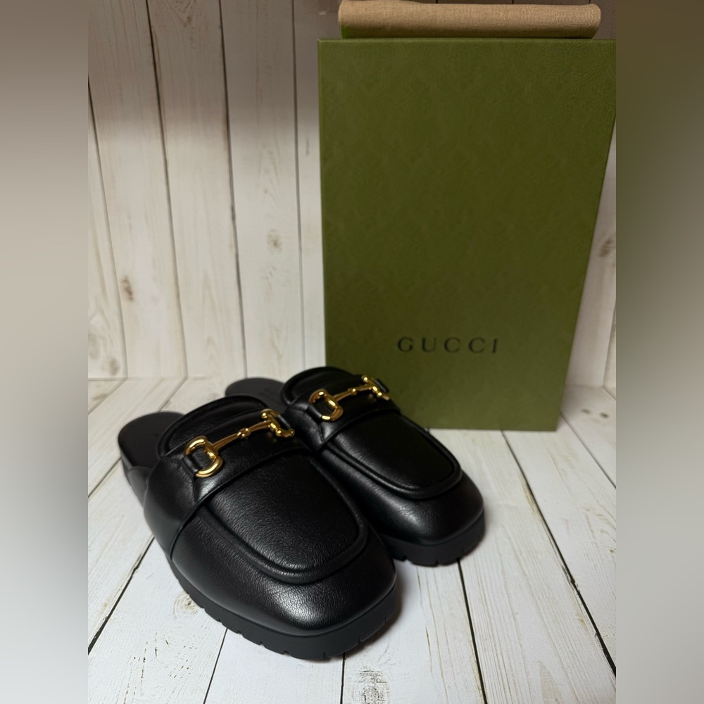 Gucci Goatskin Leather Horsebit Mules Black Sz 11G / 12US